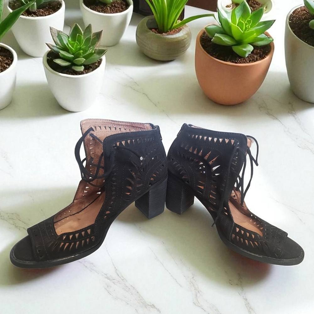 Jeffrey Campbell Sandals Womens 10 Cordillo Black Suede Open Toe Lace-up Heels